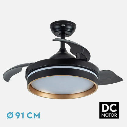 Ventilador de techo retráctil DC Nalon 48w Negro/oro 3 aspas 91d 4800lm 6 velocidades 3000k,4500k,6000k Control Remoto+memoria+temporizador