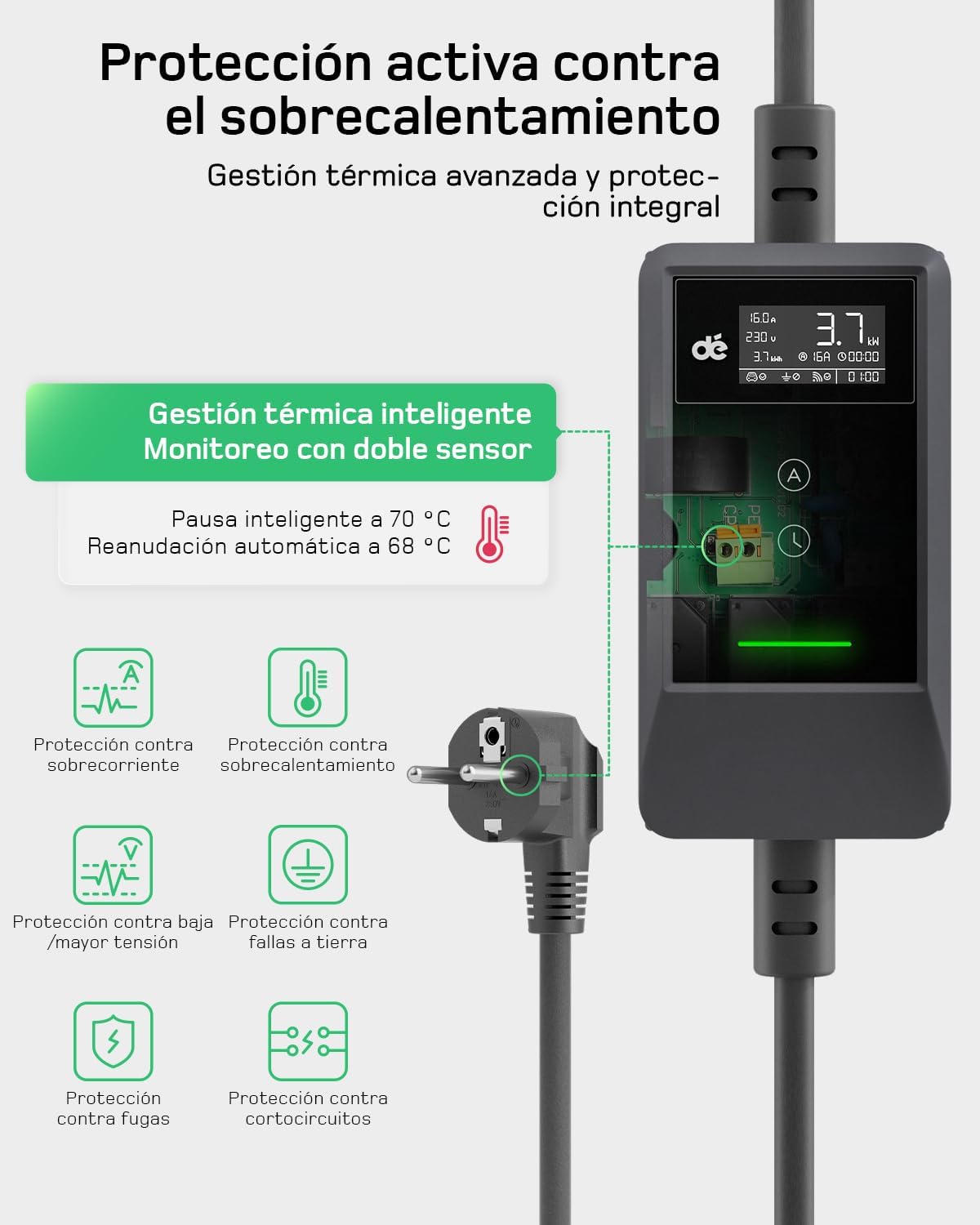 dé Cargador Coche Electrico App 3,7kW 7m, 6-16A Ajustable, Monofásico