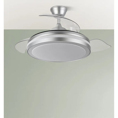 Ventilador de techo retráctil DC Esparta Plus 59w 6980lm Plata 107d 3aspas 3000-4000-6000k Control Remoto+ Temporizador+ Memoria