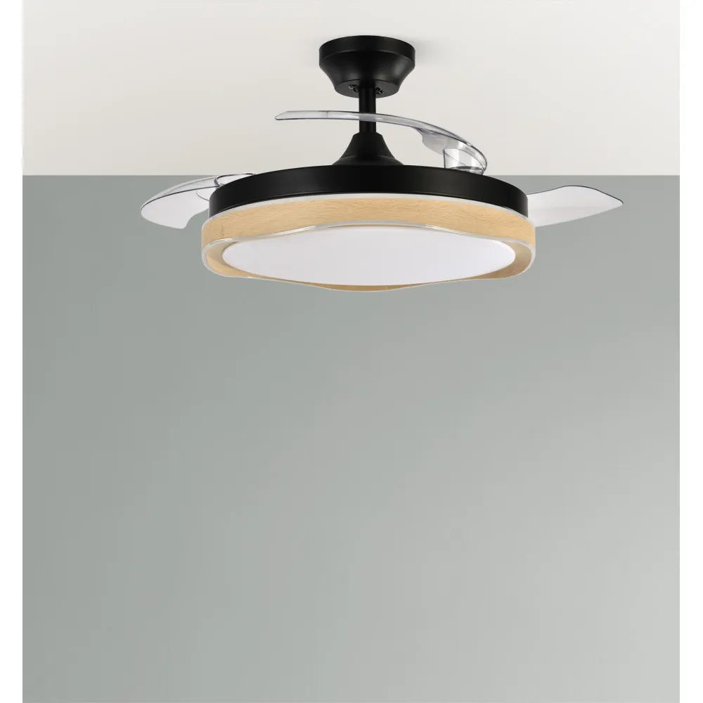 Ventilador de techo retráctil DC Blondi Negro/madera 72w 3 aspas 107d 7200lm 6 velocidades 3000k,4500k,6000k Remoto + temporizador + memoria