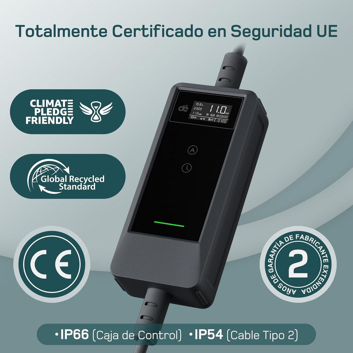 dé Mobile Wallbox 11kW con App, Cable de Carga Tipo 2 7 m, trifásico 6–16 A, Cargador para Coche eléctrico CEE 16A 400V con Potencia Ajustable, para ID.3/4/5/7, iX1, Model 3/Y y Otros EV/PHEV