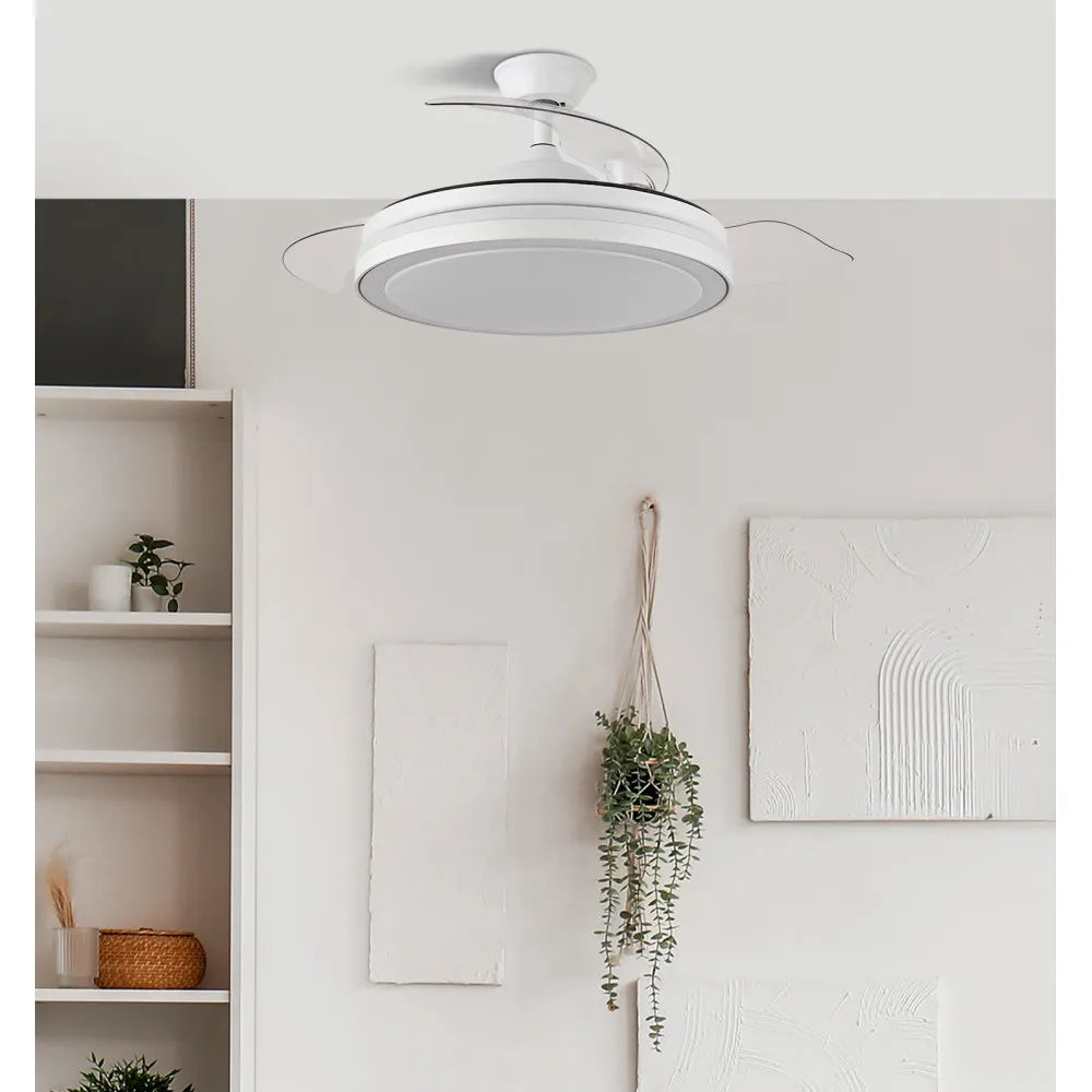 Ventilador de techo retráctil DC Esparta Mini Blanco 59w 6980lm 3 aspas 91d 3000-4000-6000k Remoto+temporizador+memoria