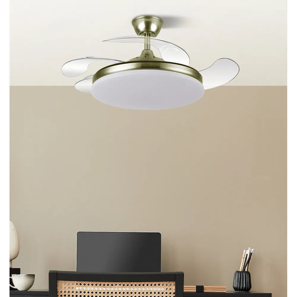 Ventilador retráctil DC Tridente 59w Cuero 4 aspas 107d 6980lm Regulación de intensidad Remoto+temporizador+memoria 3000-4000-6000k