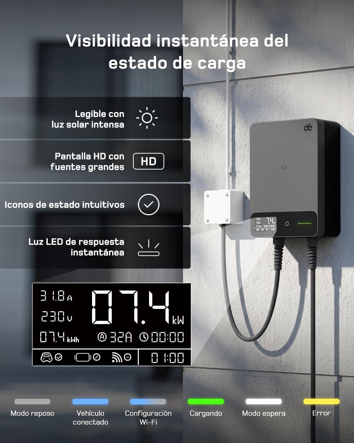 dé Wallbox cargador de vehículo eléctrico 7,4 kW Monofásico con App, Cable Tipo 2 de 7,5 m