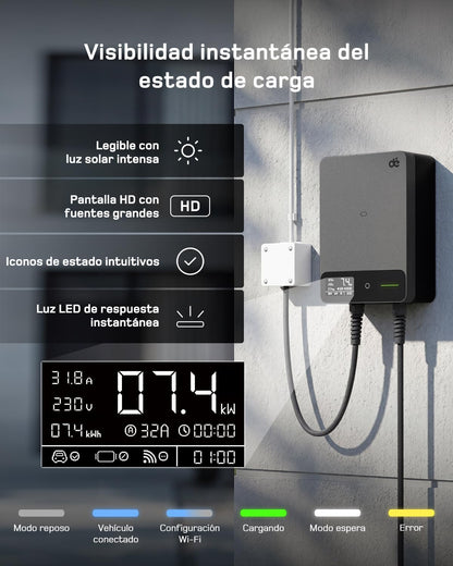 dé Wallbox cargador de vehículo eléctrico 7,4 kW Monofásico con App, Cable Tipo 2 de 7,5 m