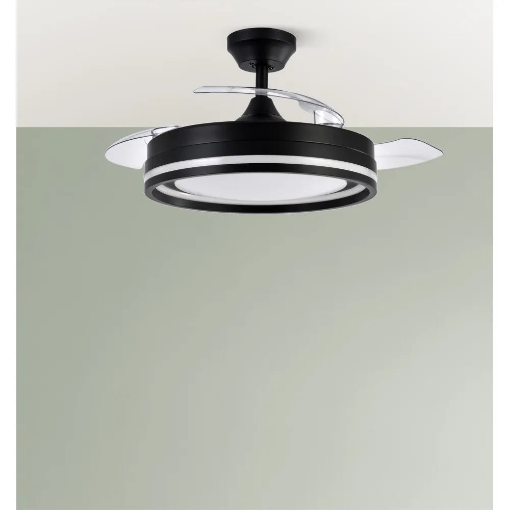Ventilador de techo retráctil DC Cerrato Negro 72w 3 aspas Desplegables 107d 7200lm 6 velocidades 3000k,4000k,6000k, Control Remoto + temporizador + memoria