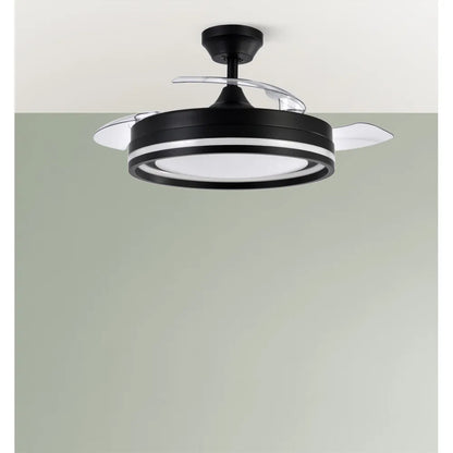 Ventilador de techo retráctil DC Cerrato Negro 72w 3 aspas Desplegables 107d 7200lm 6 velocidades 3000k,4000k,6000k, Control Remoto + temporizador + memoria