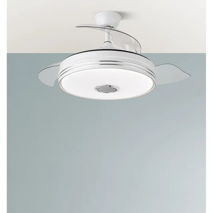Ventilador de techo retráctil DC Matanuska 72w 6120lm Blanco, música Bluethooth 108 diámetro 3 Aspas Desplegables 6 Velocidades y 3 Colores