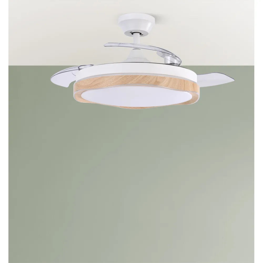 Ventilador de techo retráctil DC Blondi Blanco/haya 72w 3 aspas 107d 7200lm 6 velocidades 3000k,4500k,6000k, Control Remoto + temporizador + memoria