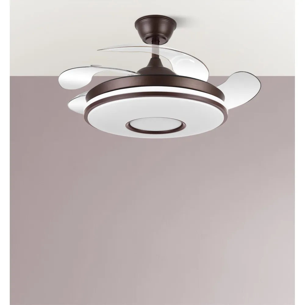 Ventilador de techo retráctil DC Dani 59w 6980lm Marrón 4 Aspas desplegadas 106d 3000-4200-6500k Remoto, Regulación de intensidad, Memoria Y Temporizador