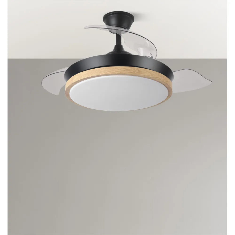 Ventilador de techo retráctil DC Evros Negro/hay 59w 6980lm 91d 3aspas 3000-4000-6000k Remoto, Regulable Intensidad, Temporizador, Memoria