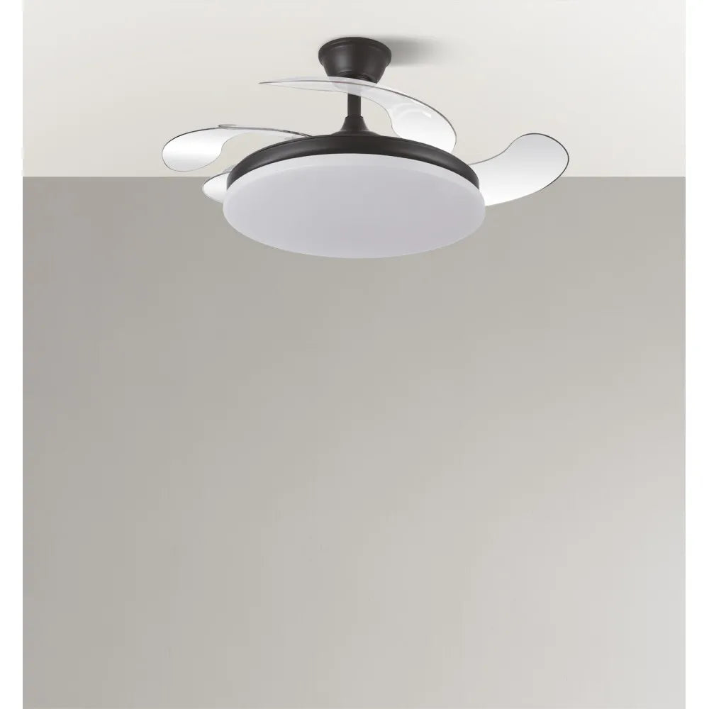 Ventilador retráctil DC Tridente 59w Negro 4aspas 107d 6980lm Regulación deintensidad Remoto+temporizador+memoria 3000-4000-6000k