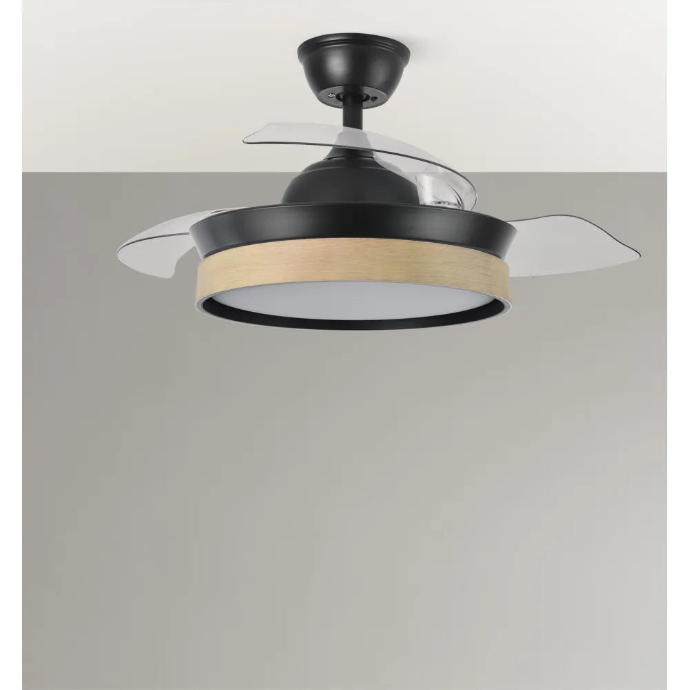 Ventilador de techo retráctil DC Iglu Negro/haya 72w 6120lm 91d 3 aspas desplegable 3000-4000-6000k Remoto, Temporizador, Memoria