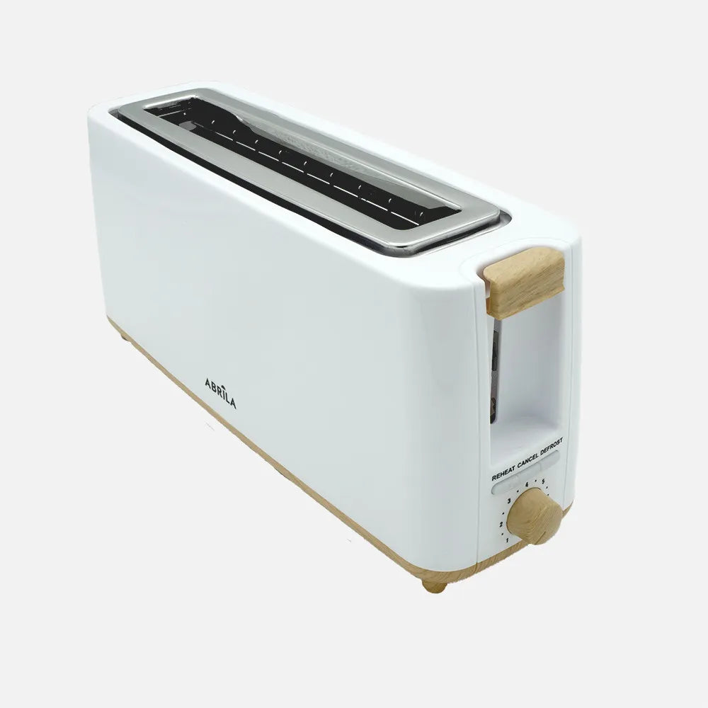 Abrila Tostador de Pan Yeltes 900w Blanco/haya, con 7 niveles de tostado, descongelación, apagado Automático, 1 ranura, recogemigas. 17x38x11,5cm