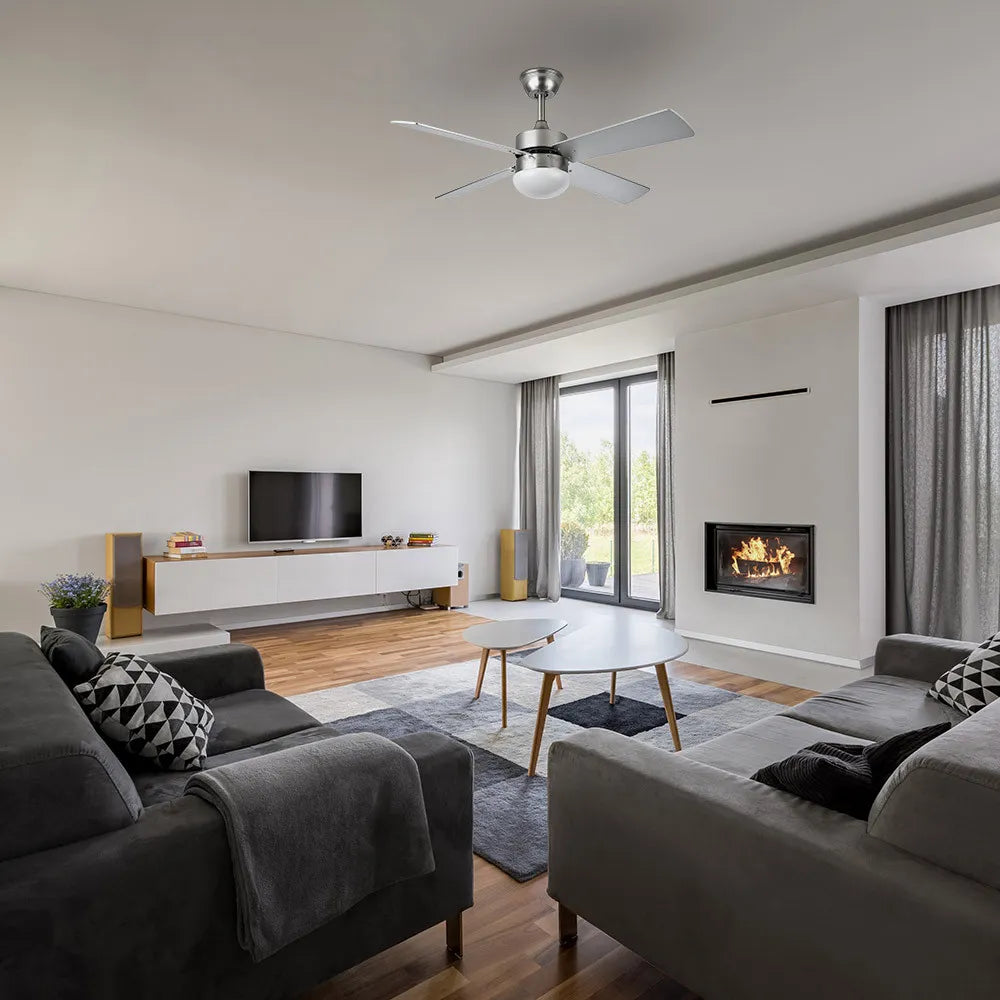 Ventilador de techo DC Sofia 2 bombillas E27 Níquel 4 Aspas Reversibles Haya/plata 40x107 de diámetro Control Remoto Temporizador