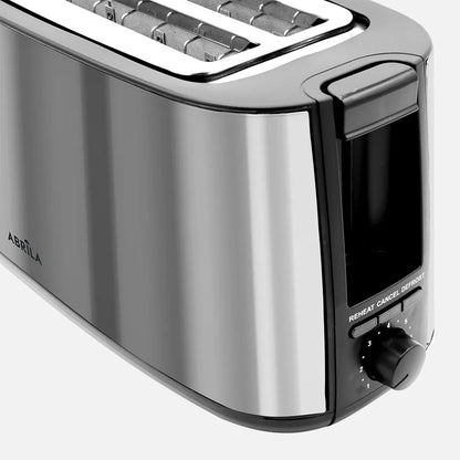 Abrila Tostador Pan Muga 1400w Negro/plata con 7 niveles de tostado. descongelación, Apagado automático, 2 ranuras, recogemigas 17x38x14,5cm