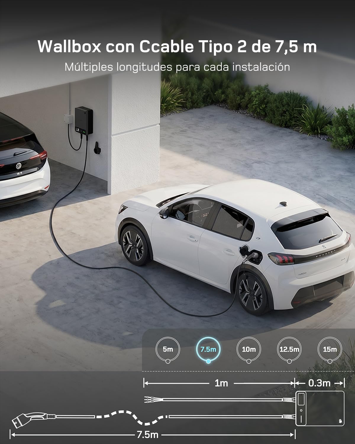 dé Wallbox cargador de vehículo eléctrico 7,4 kW Monofásico con App, Cable Tipo 2 de 7,5 m