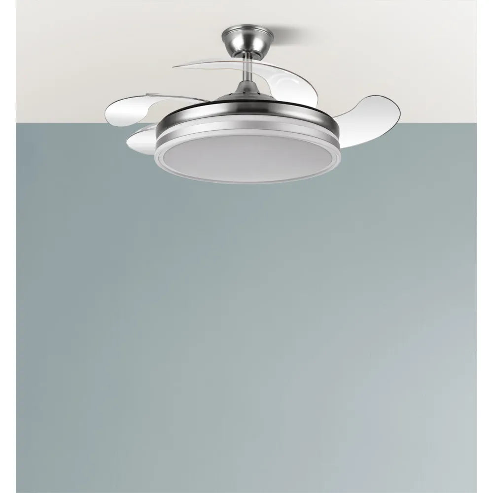 Ventilador de techo retráctil Bayomo 59w 6980lm Níquel 4 Aspas Desplegables 34,5/42x50/107 D. 3 Colores DC. remoto+Regulación de Intensidad