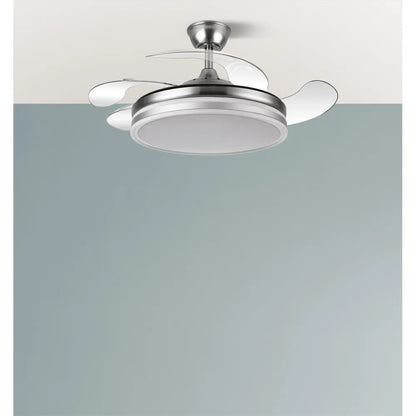 Ventilador de techo retráctil Bayomo 59w 6980lm Níquel 4 Aspas Desplegables 34,5/42x50/107 D. 3 Colores DC. remoto+Regulación de Intensidad