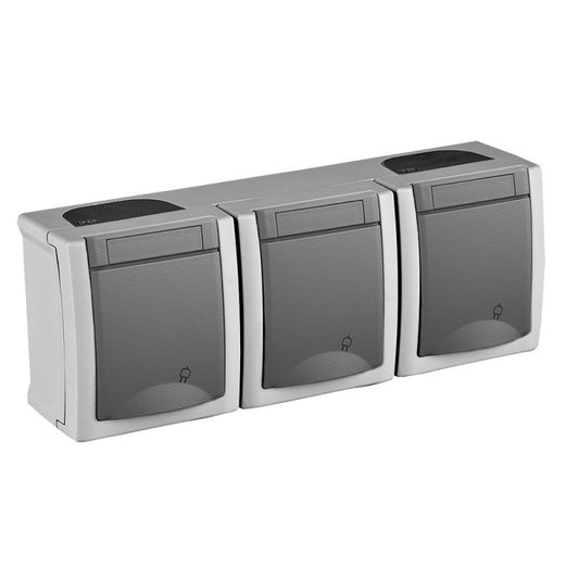 Conjunto horizontal de toma de corriente triple con toma de tierra lateral 2p+t 16a 250v proteccion