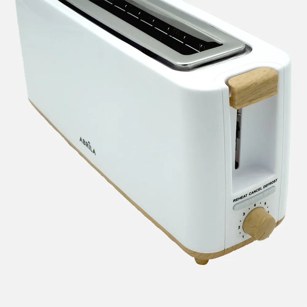 Abrila Tostador de Pan Yeltes 900w Blanco/haya, con 7 niveles de tostado, descongelación, apagado Automático, 1 ranura, recogemigas. 17x38x11,5cm