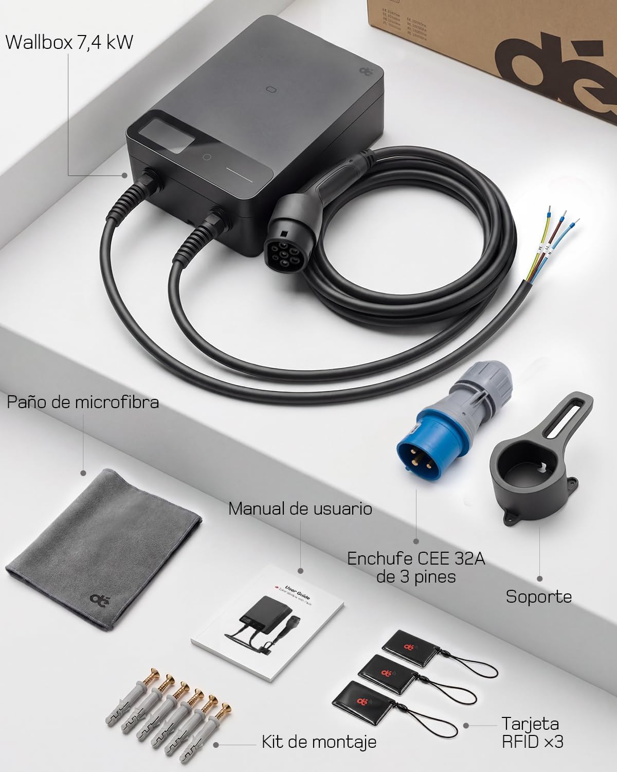 dé Wallbox cargador de vehículo eléctrico 7,4 kW Monofásico con App, Cable Tipo 2 de 7,5 m