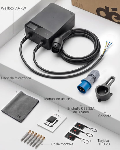 dé Wallbox cargador de vehículo eléctrico 7,4 kW Monofásico con App, Cable Tipo 2 de 7,5 m