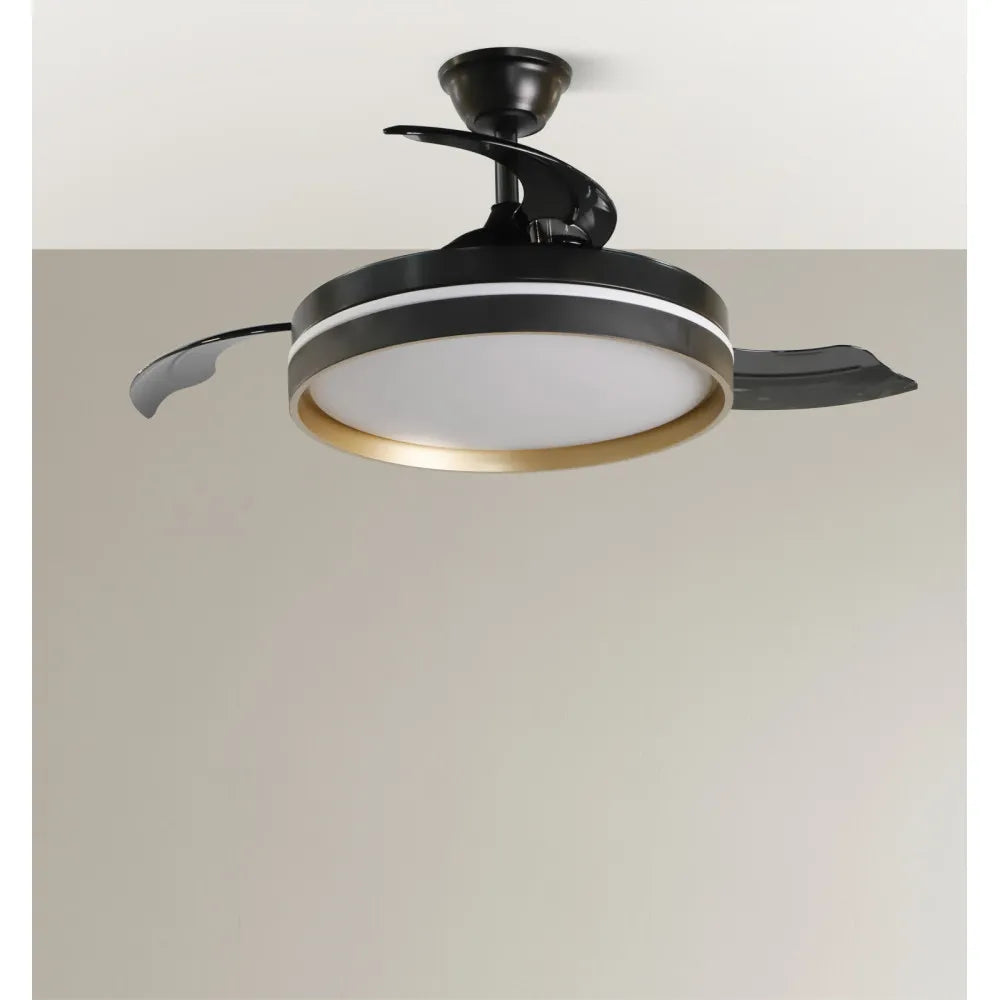 Ventilador de techo retráctil DC Mandarín Negro/oro 72w 3 aspas 108d Regulación de intensidad 7200lm 3000-4000-6500k Control Remoto + memoria + temporizador