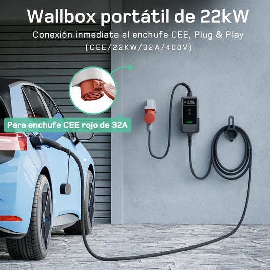 dé Cargador Coche Electrico 22kW 7m [1,75+5,25m, 6-32A, 3-Fases] Cargador Vehiculo Electrico 22kW y Estacion de Carga Coche, Cargador Carro Electrico para Model Y/3, e-Tron, y Otros EV/PHEV