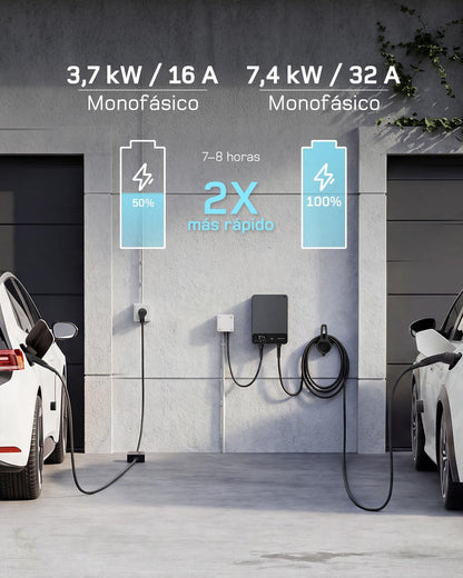 dé Wallbox cargador de vehículo eléctrico 7,4 kW Monofásico con App, Cable Tipo 2 de 7,5 m