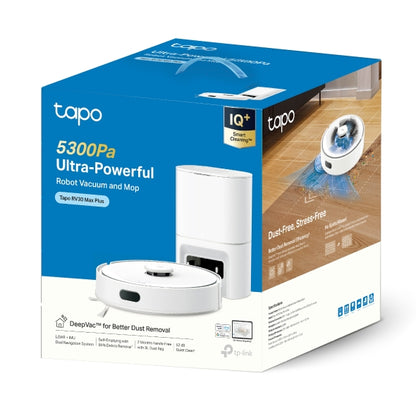 Tapo RV30 MAX Plus - Robot Aspirador 5300Pa, Base de Autovaciado, Navegación Láser LiDAR y Mapeo Inteligente, Limpieza 4 en 1: Barre, Aspira, Friega y Pasa la Mopa, Control por Voz y App,Blanco