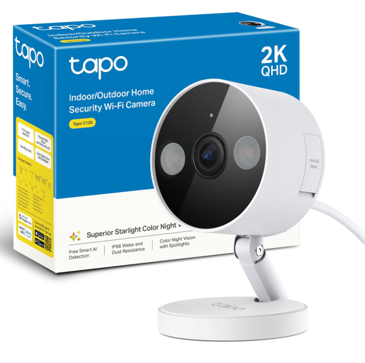 Tapo C120-2K 4MP Cámara de vigilancia para Interior y Exterior, Base magnética,focos duales, Admite Tarjeta SD de hasta 512 GB, IP66, Compatible con Alexa y Google Assistant