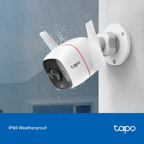 Tapo Camara Vigilancia WiFi Exterior,Cámara 2K 3MP sin batería,IP66 a Prueba de Agua y Polvo, hasta 30m Visión Nocturna, Detección de Movimiento & Alarma Instantánea,Admite Tarjeta SD de 128GB