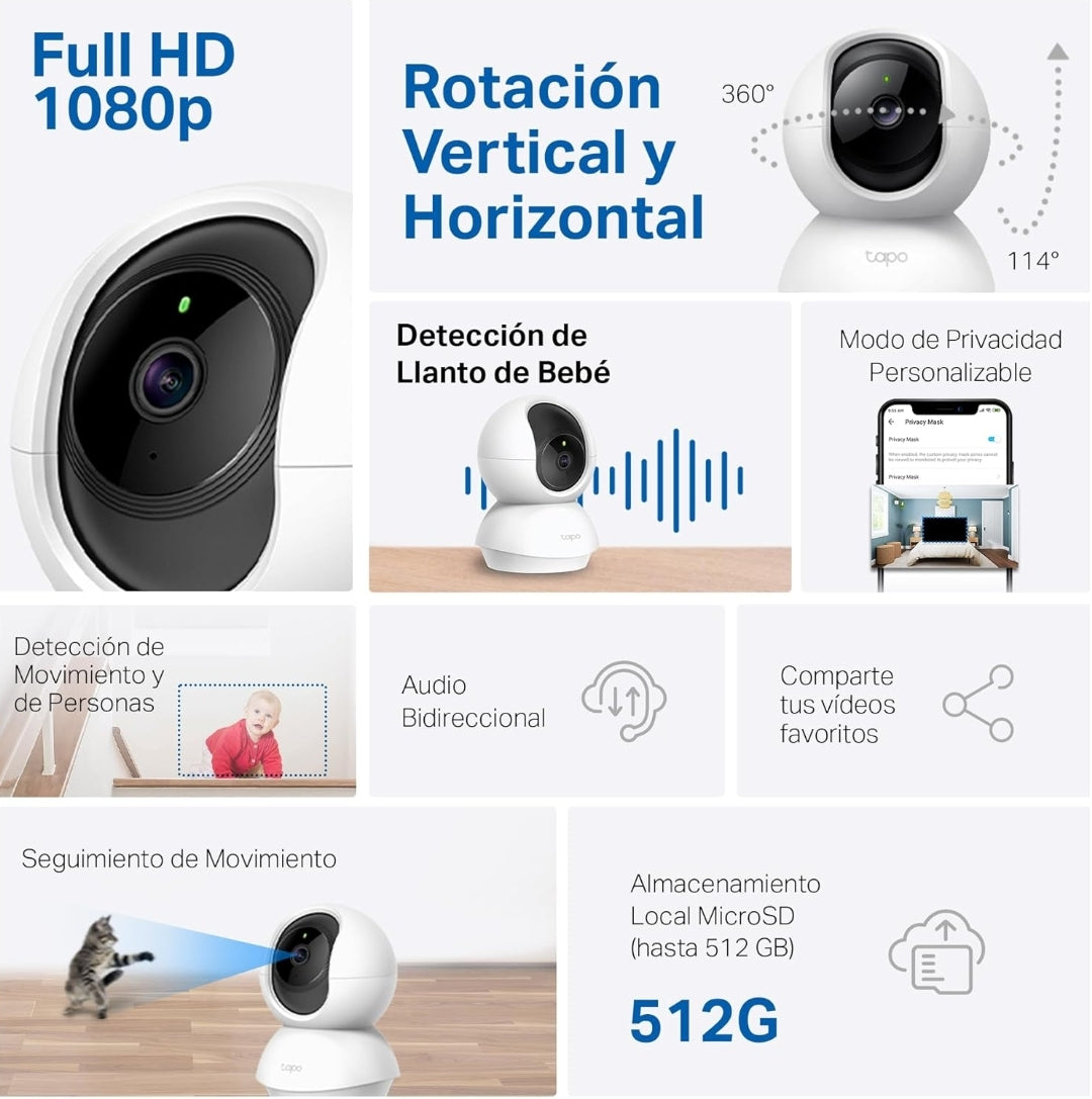 Tapo C200 - Cámara IP WiFi 360° Cámara de Vigilancia FHD 1080p,Visión Nocturna, Notificaciones en Tiempo Real, Admite Tarjeta SD,Detección de Movimiento,Control Remoto,Compatible con Alexa