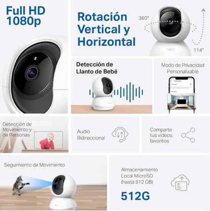 Tapo C200 - Cámara IP WiFi 360° Cámara de Vigilancia FHD 1080p,Visión Nocturna, Notificaciones en Tiempo Real, Admite Tarjeta SD,Detección de Movimiento,Control Remoto,Compatible con Alexa