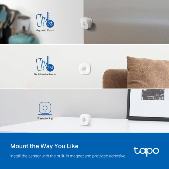 Tapo TP-Link T100 - Detector de Movimiento WiFi, Amplia Cobertura, Sensor de Alarma Antirrobo,Rotación 120º, Montaje Magnético, Control App, Requiere Hub