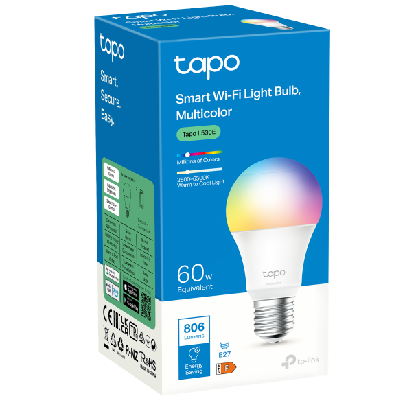 Tapo – Bombilla LED multicolor inteligente Wi-Fi, casquillo E27, compatible con Alexa y Google Home, 806 lúmenes, 8.3W, sin necesidad de concentrador, control remoto/app