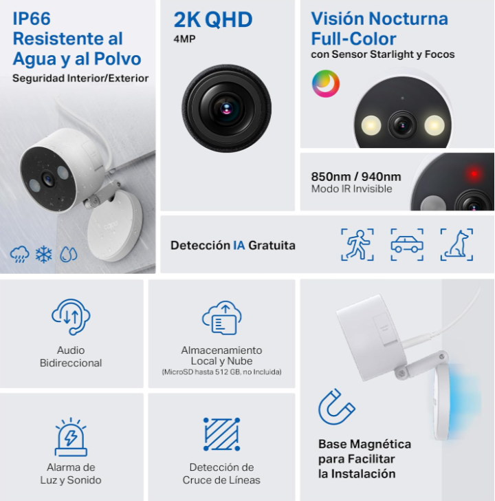 Tapo C120-2K 4MP Cámara de vigilancia para Interior y Exterior, Base magnética,focos duales, Admite Tarjeta SD de hasta 512 GB, IP66, Compatible con Alexa y Google Assistant