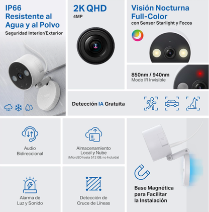 Tapo C120-2K 4MP Cámara de vigilancia para Interior y Exterior, Base magnética,focos duales, Admite Tarjeta SD de hasta 512 GB, IP66, Compatible con Alexa y Google Assistant