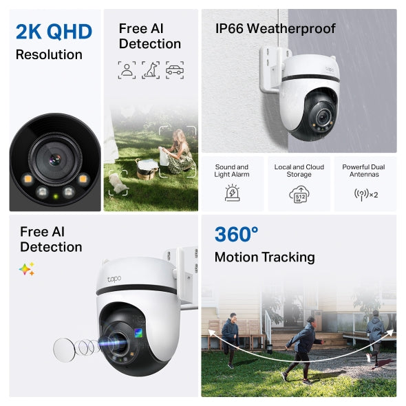 Tapo C520WS - Cámara Vigilancia Wi-Fi Exterior 360°, Resolución 2K QHD, Visión Nocturna en Color Starlight, Detección IA Múltiple, Seguimiento de Movimiento, IP66