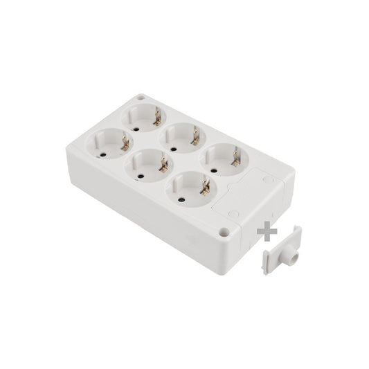 BASE MULTIPLE 6 TOMAS 2P+T,16A 250V MAX.3680W COLOR BLANCO EMBORNAMIENTO FACIL ACCESO C/AGUJEROS FI