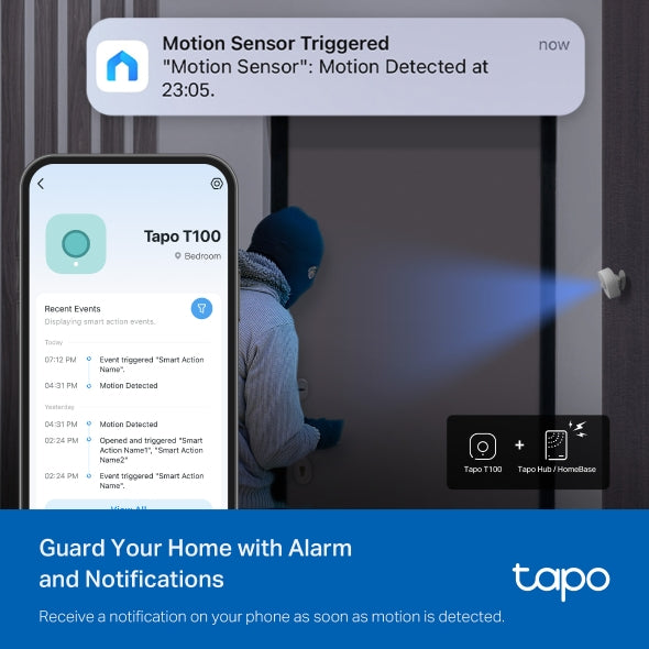 Tapo TP-Link T100 - Detector de Movimiento WiFi, Amplia Cobertura, Sensor de Alarma Antirrobo,Rotación 120º, Montaje Magnético, Control App, Requiere Hub