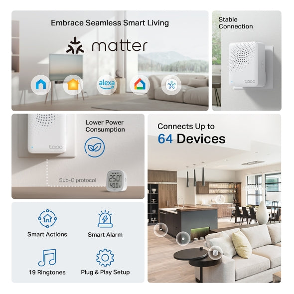 Tapo H100 – Concentrador Inteligente con 19 Tonos, Control centralizado del hogar Inteligente, conexión WiFi hasta 64 Dispositivos, Alarma Inteligente, Plug & Play