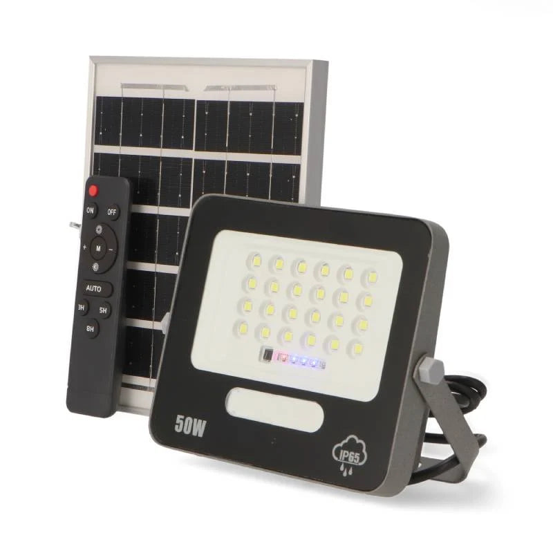 Foco Proyector LED Solar 50W IP65 con Sensor Crepuscular y Control Remoto