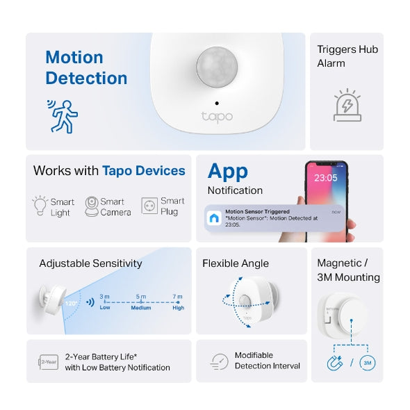 Tapo TP-Link T100 - Detector de Movimiento WiFi, Amplia Cobertura, Sensor de Alarma Antirrobo,Rotación 120º, Montaje Magnético, Control App, Requiere Hub