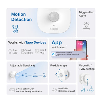 Tapo TP-Link T100 - Detector de Movimiento WiFi, Amplia Cobertura, Sensor de Alarma Antirrobo,Rotación 120º, Montaje Magnético, Control App, Requiere Hub