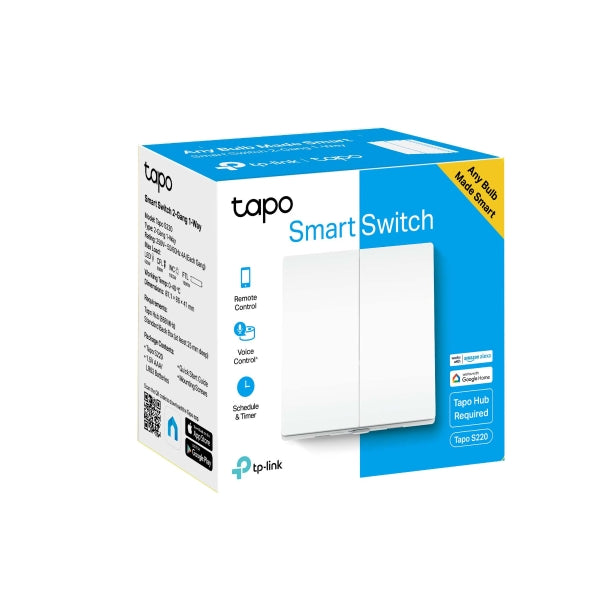 Tapo TP-Link S220 Interruptor de luz Inteligente, Control Remoto, Control de Voz a través de Alexa o el Asistente de Google, 2-Botones 1-Vía, cableado súper fácil, Requiere Hub