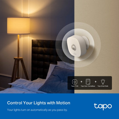 Tapo TP-Link T100 - Detector de Movimiento WiFi, Amplia Cobertura, Sensor de Alarma Antirrobo,Rotación 120º, Montaje Magnético, Control App, Requiere Hub