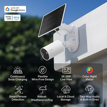 Tapo C410 Kit - Cámara de vigilancia Solar con batería Exterior, Detección de Personas por IA, 2K 3 MP, visión Nocturna de Color, Memoria microSD, batería no extraíble de 6400mAh, Audio bidireccional