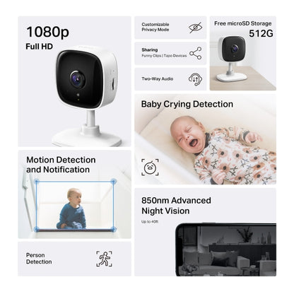 Tapo – Cámara de vigilancia Wi-Fi de Interior 1080P, para bebés y Mascotas, visión Nocturna, detección de Movimiento, Audio bidireccional, Almacenamiento en SD, Compatible con Alexa, Blanco